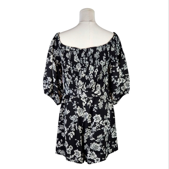 Premier Amour Black White Floral Smocked Romper Size 16 Puff Sleeve Off Shoulder - Picture 5 of 12